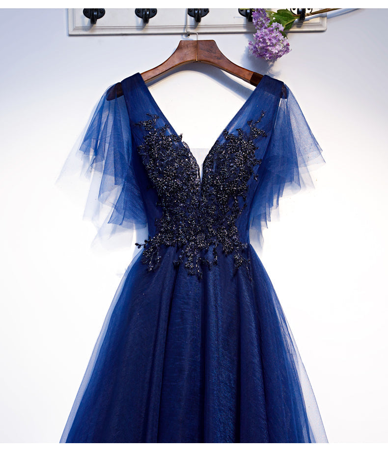 Vestido corto de tul azul con escote en V para fiesta de bienvenida, talla 94