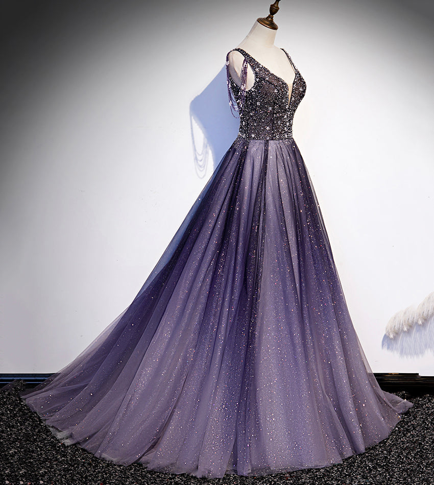 Lila V-Ausschnitt Tüll Perlen langes Ballkleid Abendkleid S104
