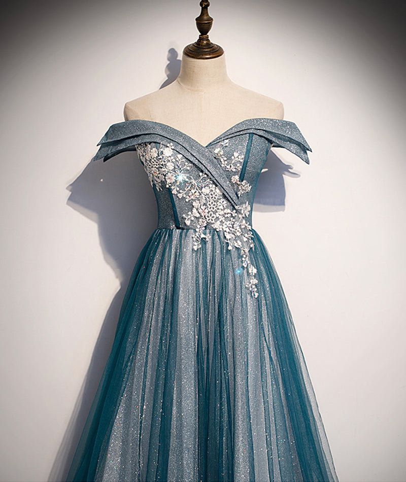 Blaues Tüll-Spitzen-Langballkleid mit schulterfreiem Abendkleid S105