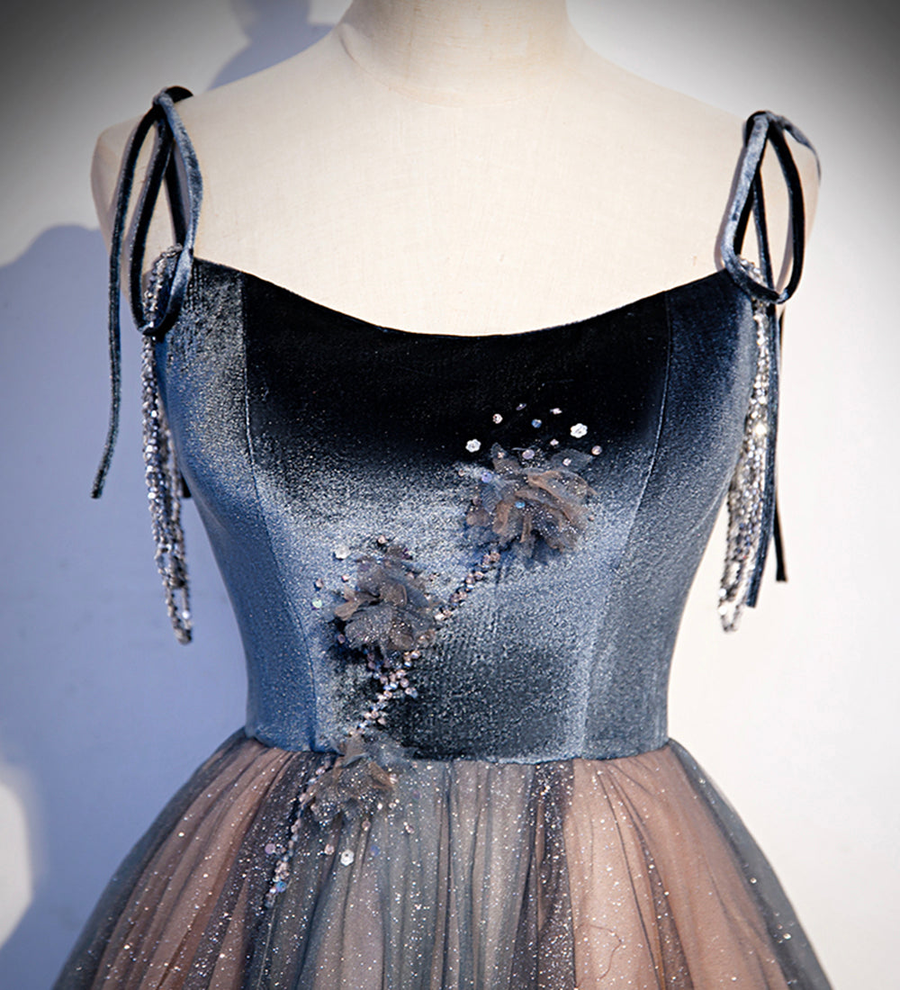 Blaues Tüll Pailletten langes Ballkleid Abendkleid S80