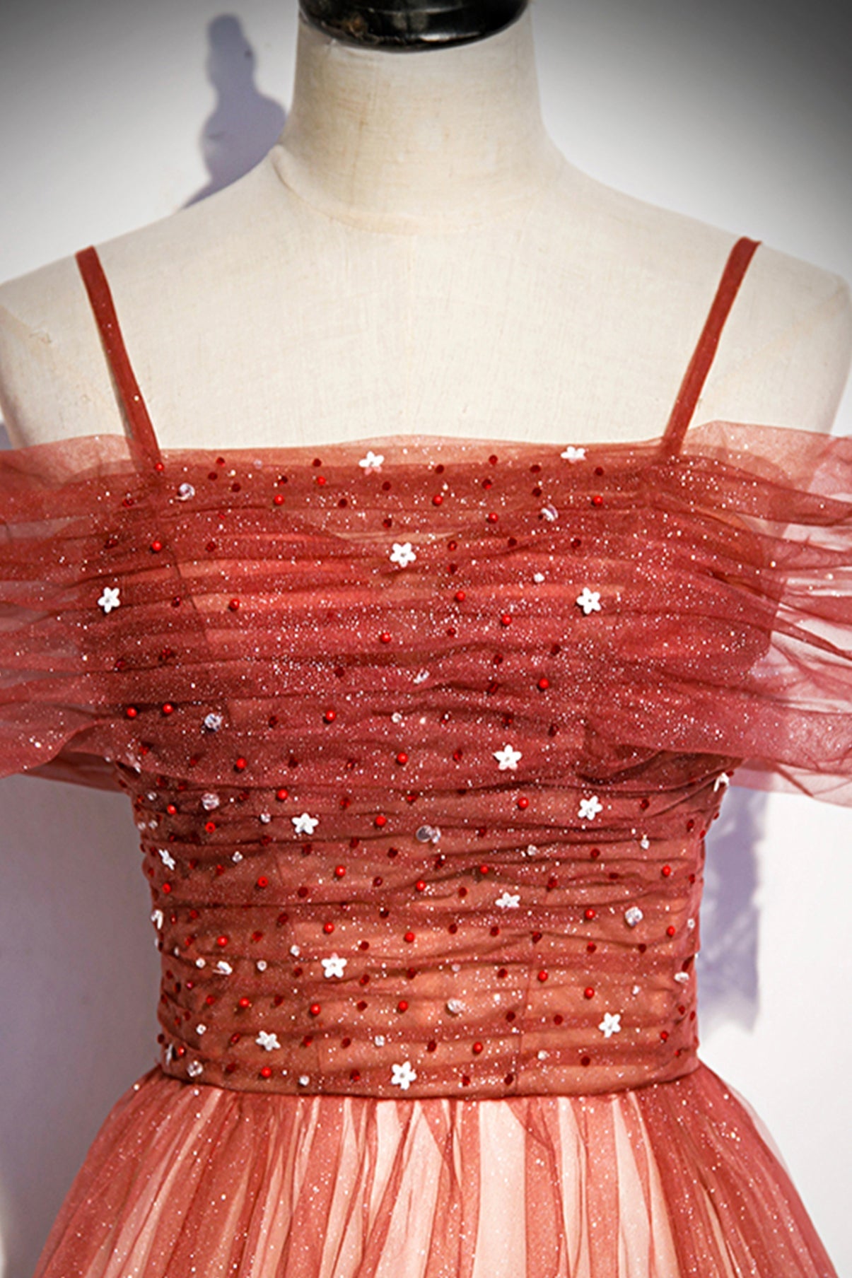 Burgunder Tüll langes A-Linien-Ballkleid Abendkleid S75