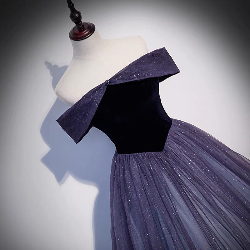 Lila Tüll langes Ballkleid A-Linie Abendkleid s66
