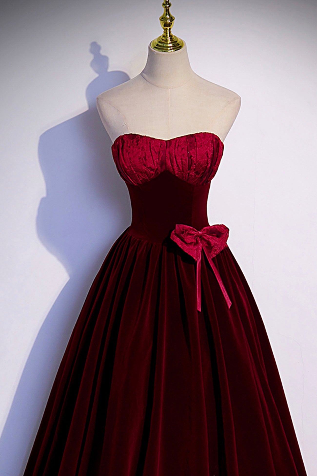 Burgunderrotes langes Ballkleid aus Samt in A-Linie, Abendkleid S86