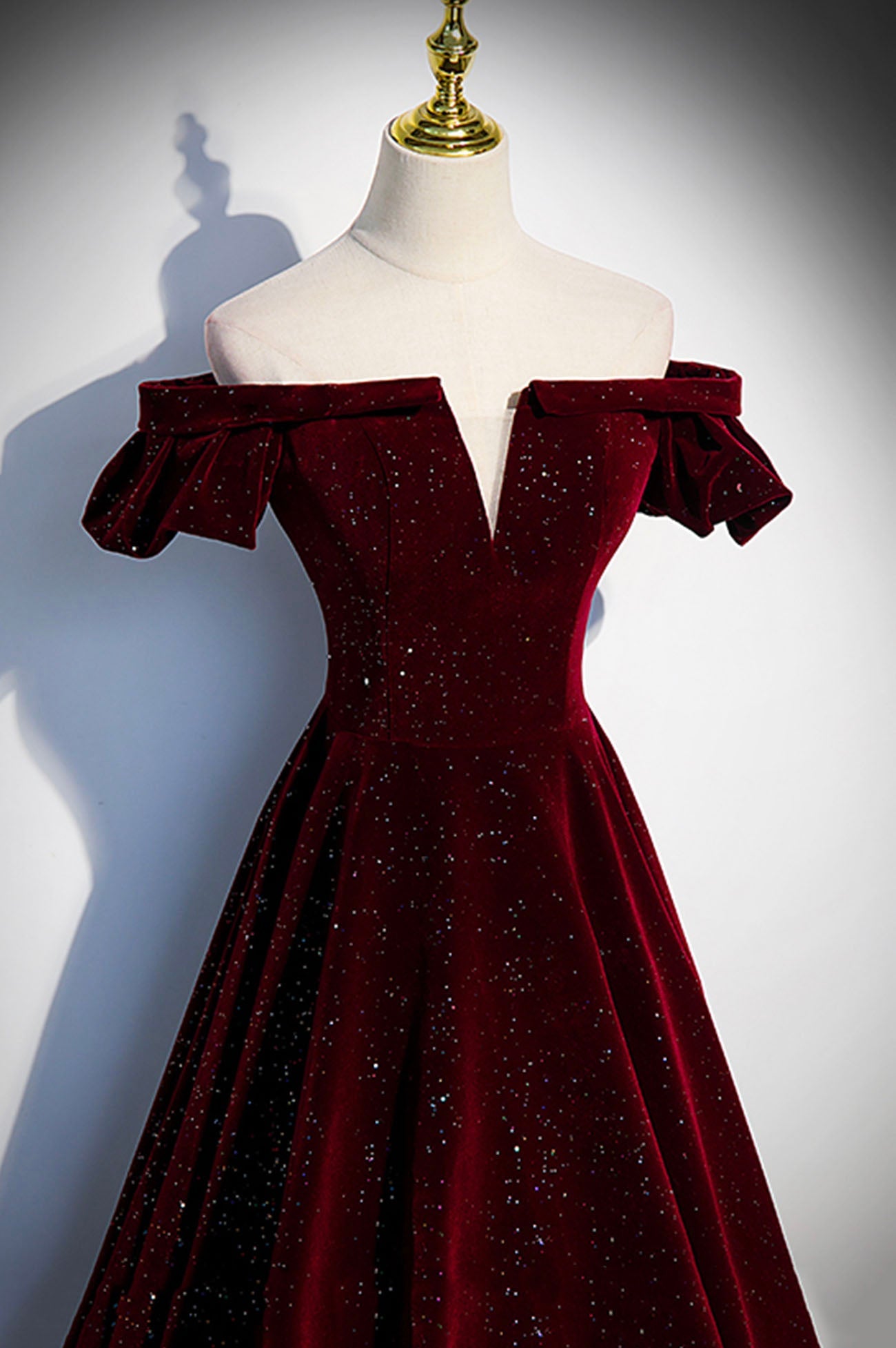 Burgunderrotes langes Ballkleid aus Samt in A-Linie, Abendkleid S53