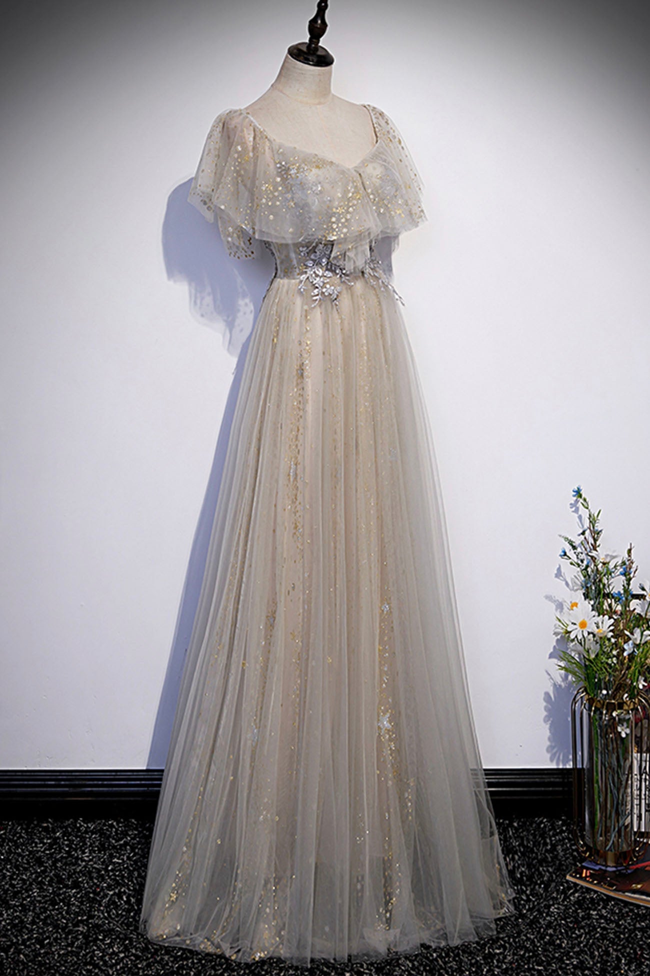 Süßes Tüll Pailletten Langes Ballkleid Abendkleid S60