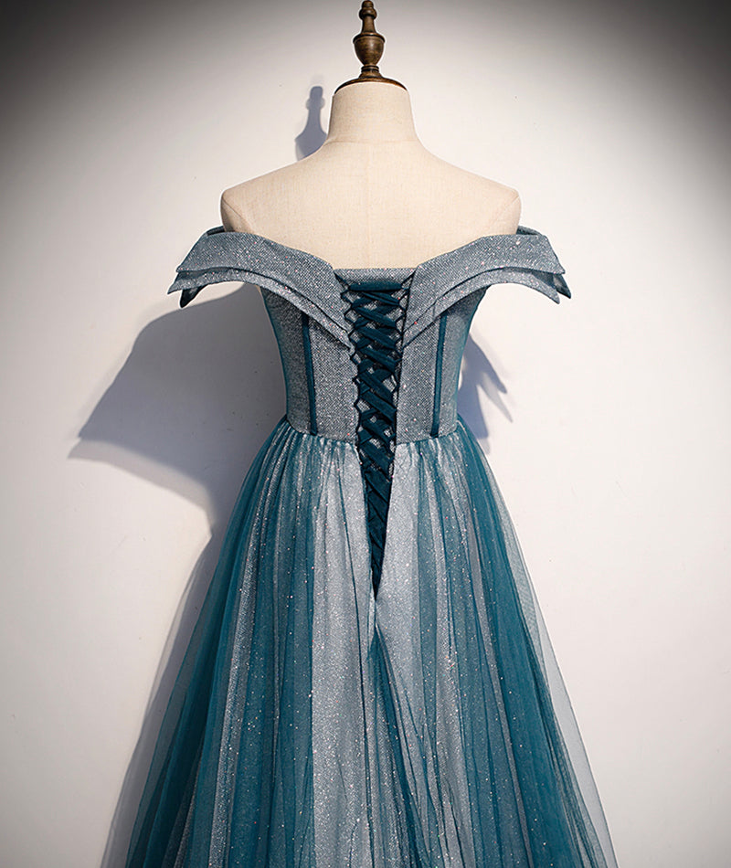 Blaues Tüll-Spitzen-Langballkleid mit schulterfreiem Abendkleid S105