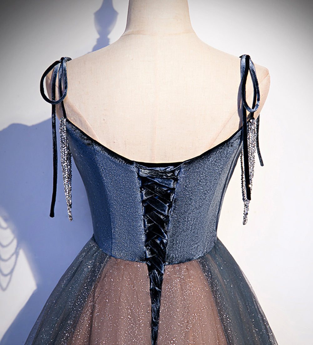 Blaues Tüll Pailletten langes Ballkleid Abendkleid S80