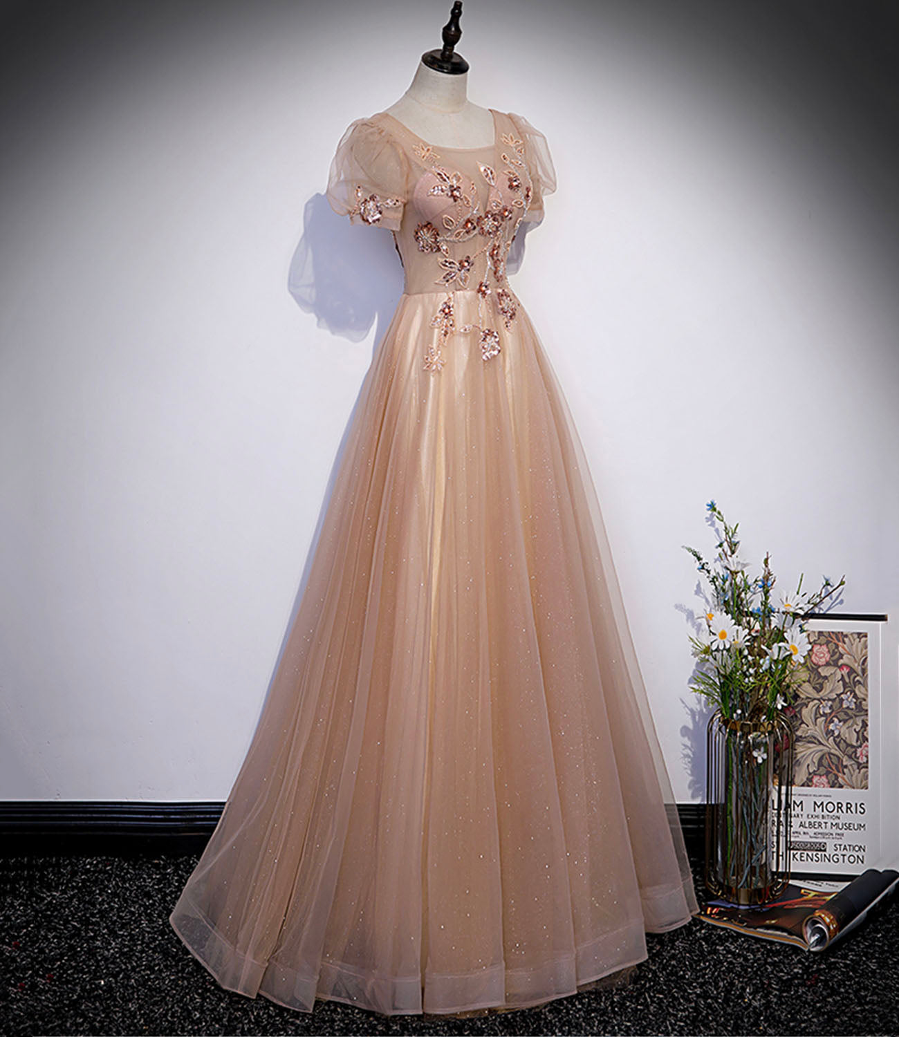Süßes langes Ballkleid mit Tüllperlen in A-Linie, Abendkleid S63