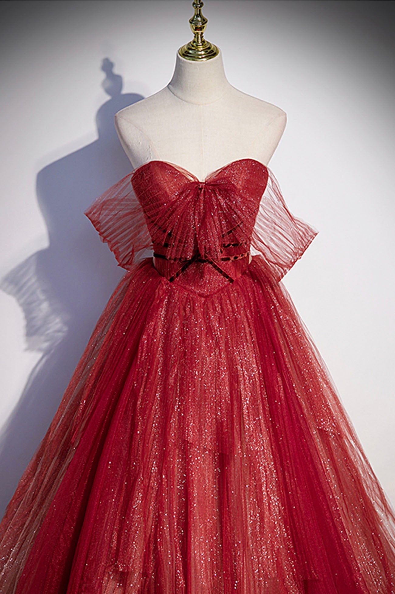 Burgunderrotes langes Ballkleid mit Tüll und Pailletten in A-Linie, Abendkleid S55