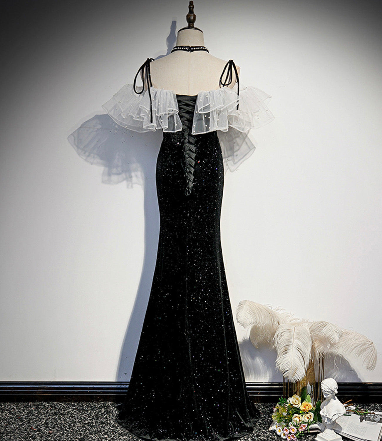 Schwarzes Samt langes Ballkleid Meerjungfrau Abendkleid S57