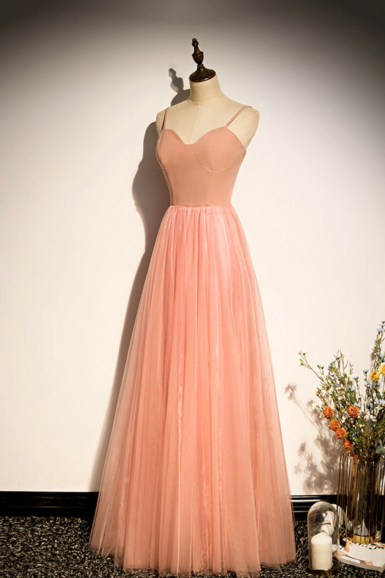Rosa Tüll langes Ballkleid A-Linie Abendkleid s92
