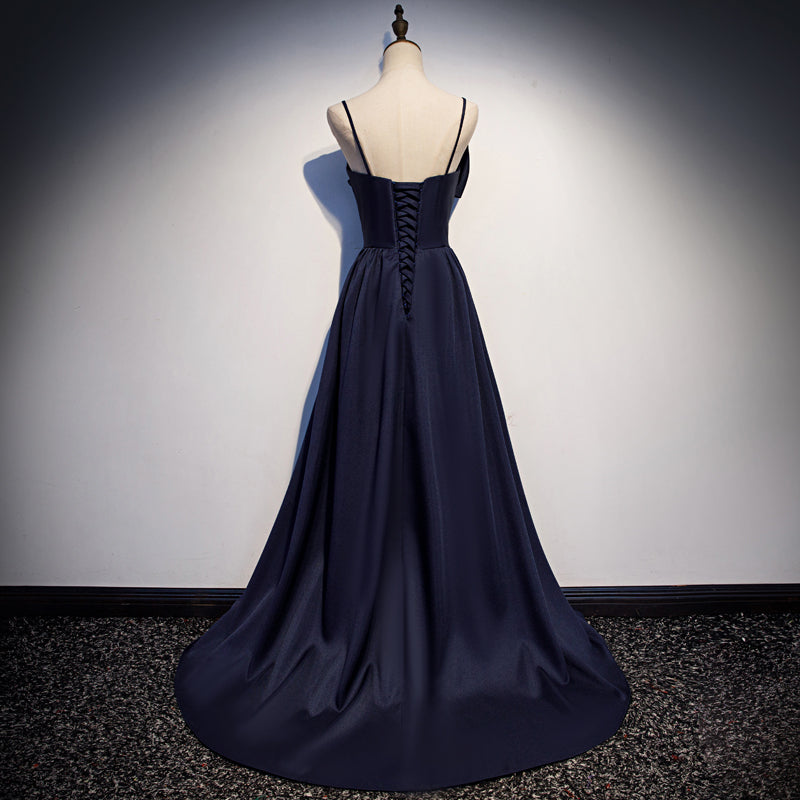 Dunkelblaues langes Satin-Ballkleid, schlichtes Abendkleid s93