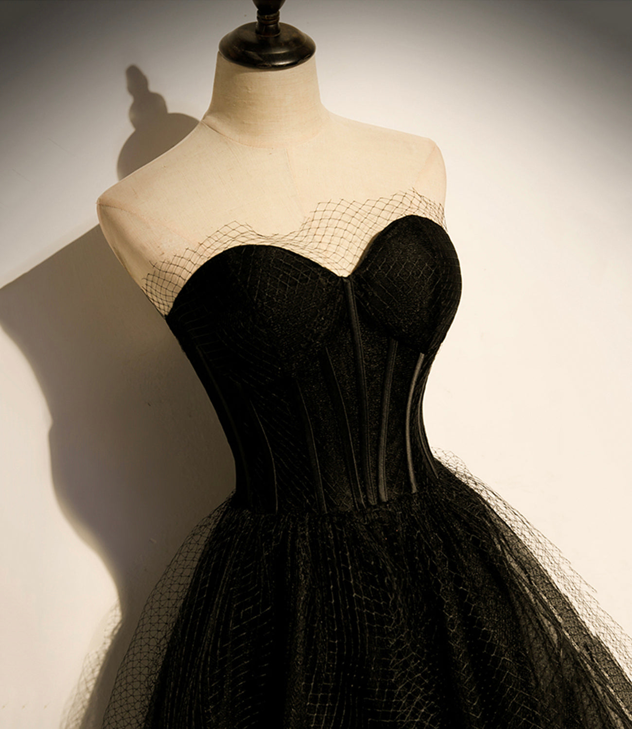 Schwarzes langes A-Linien-Ballkleid aus Tüll, schwarzes Abendkleid S68
