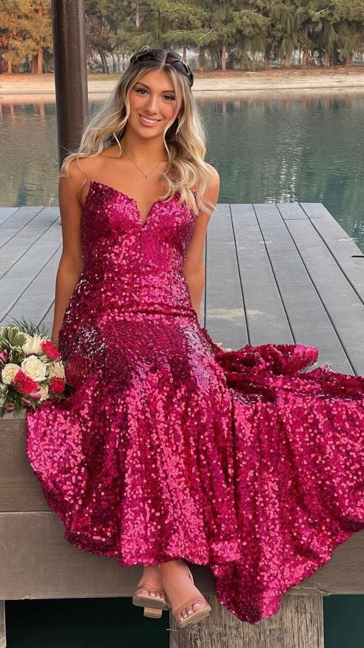 Trägerloses langes Ballkleid mit Pailletten in Fuchsia, elegantes Abendkleid im Meerjungfrauen-Stil Y1876
