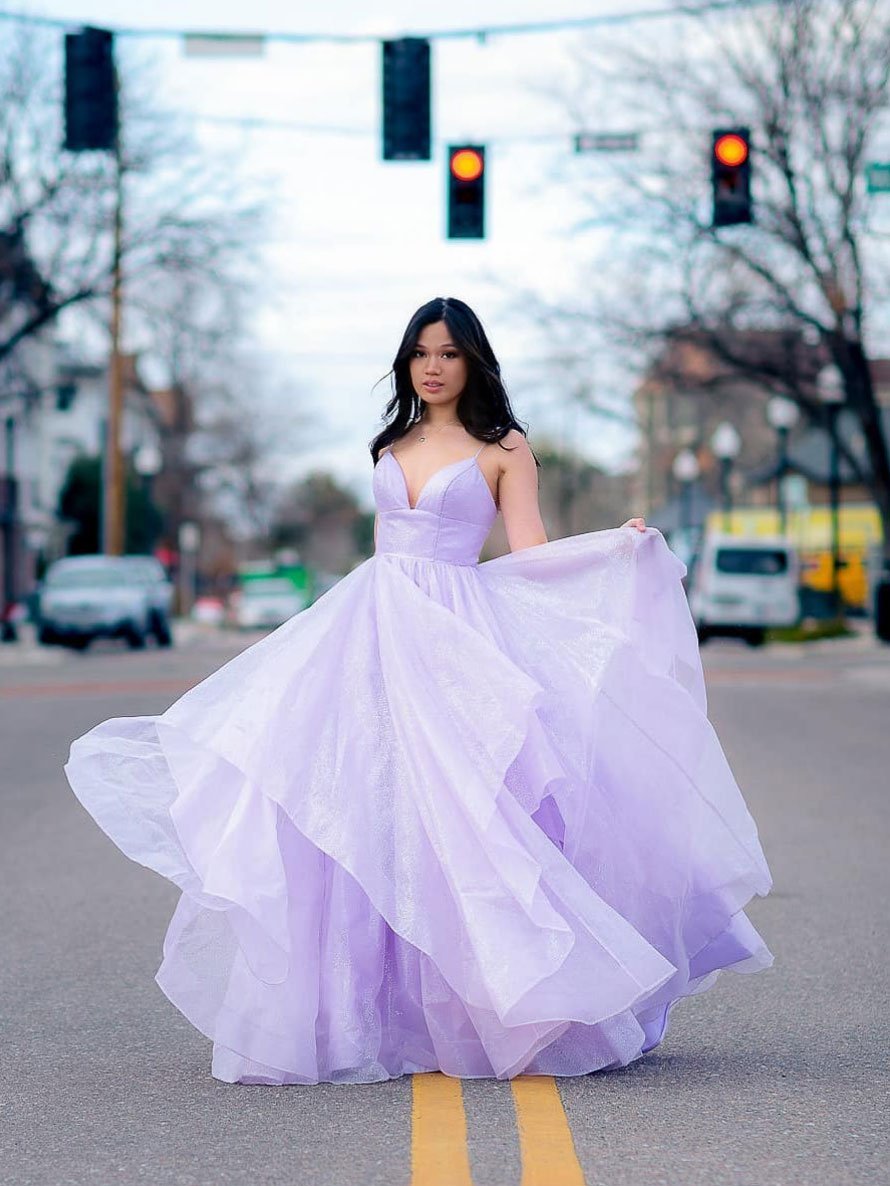 Vestido de fiesta rosa con tirantes finos, corte A, vestido de noche en capas, vestido largo de fiesta brillante Y1303