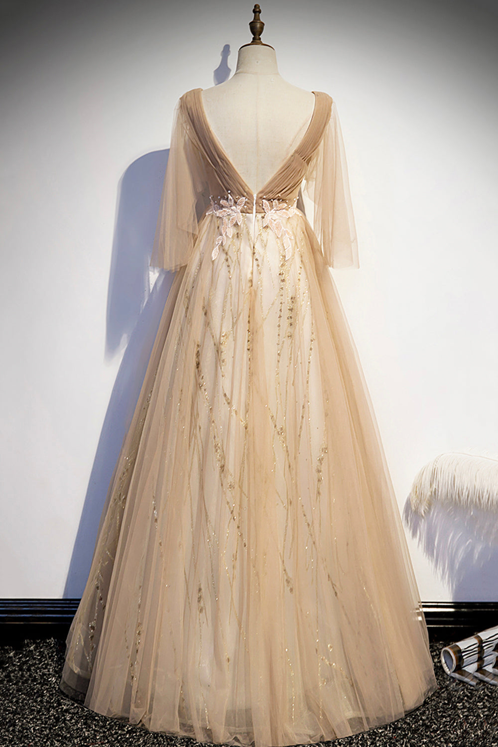 Champagner V-Ausschnitt Spitze langes Ballkleid A-Linie Abendkleid s77