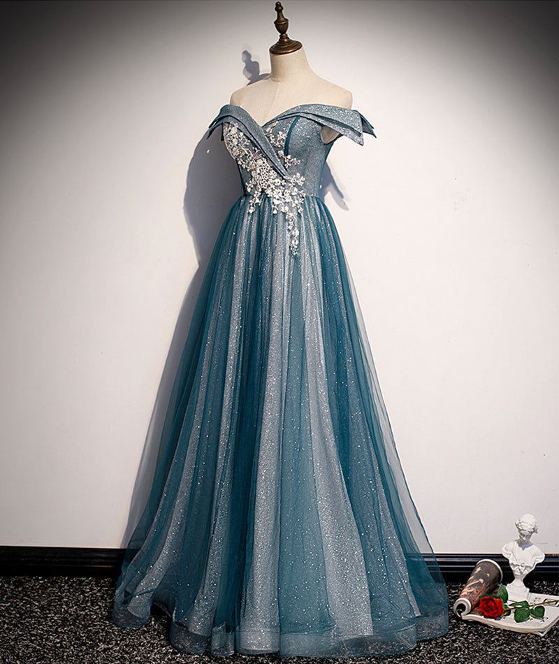 Blaues Tüll-Spitzen-Langballkleid mit schulterfreiem Abendkleid S105
