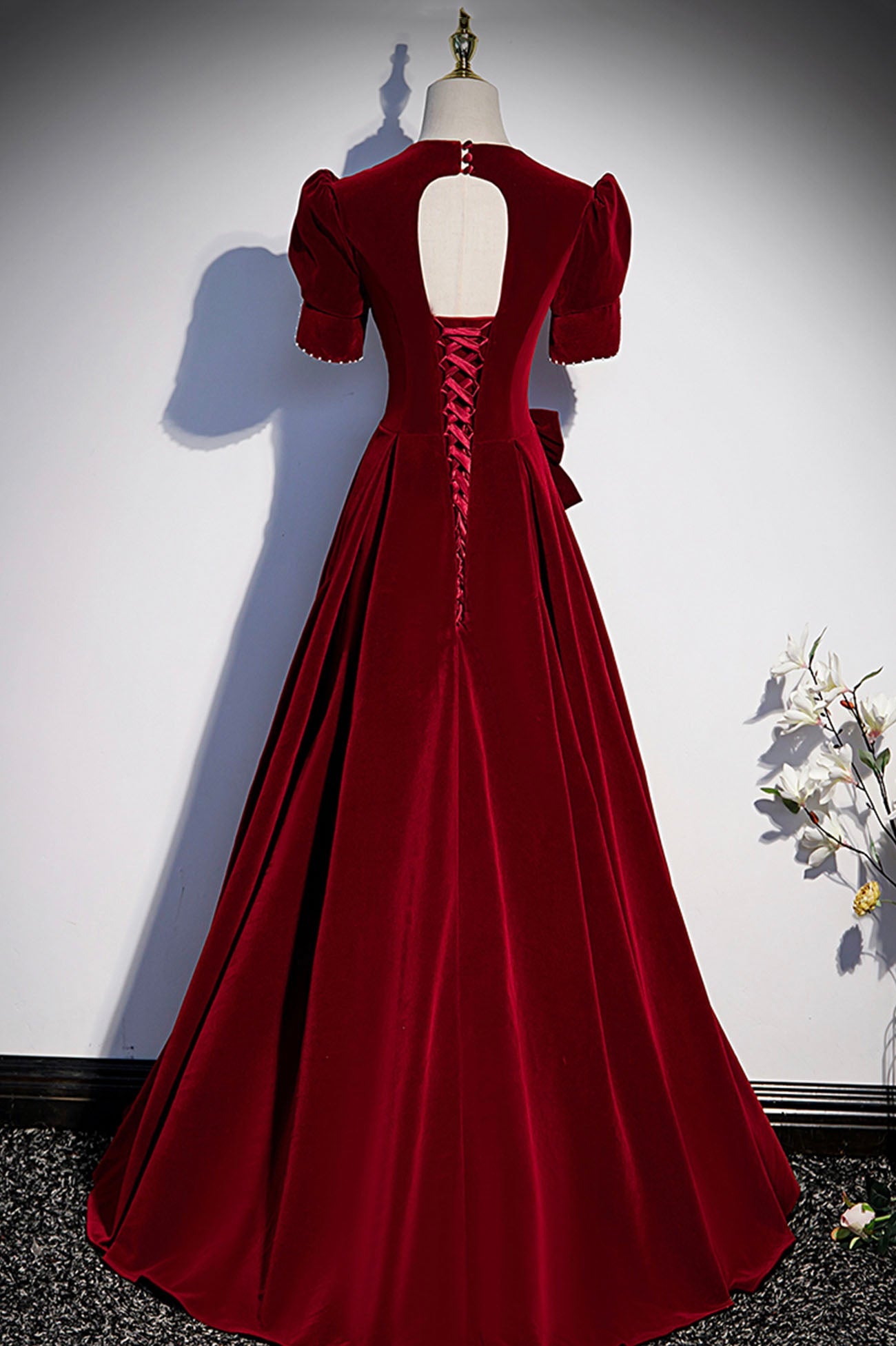 Burgunderrotes langes Ballkleid mit V-Ausschnitt, A-Linie, Abendkleid S54
