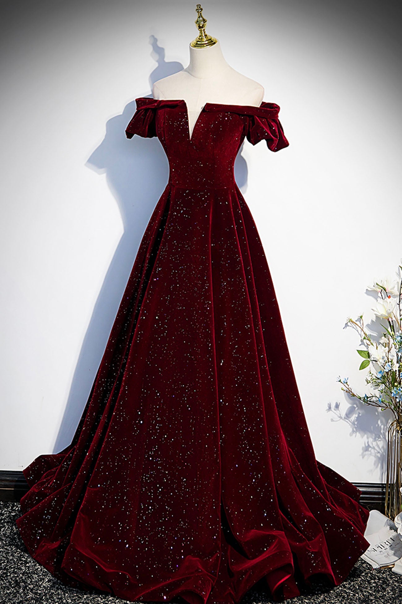 Burgunderrotes langes Ballkleid aus Samt in A-Linie, Abendkleid S53