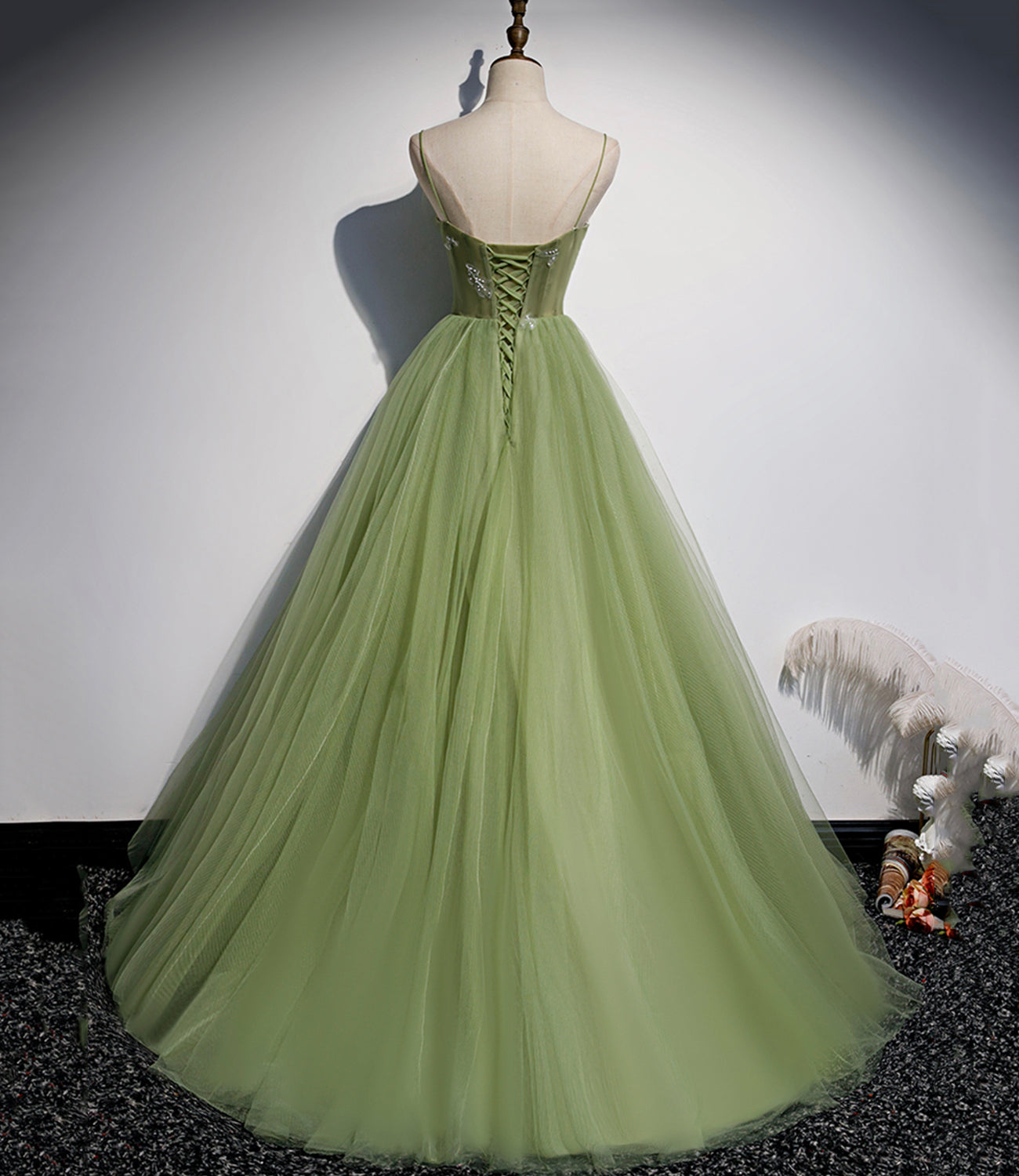 Grünes langes Ballkleid aus Tüll in A-Linie, Abendkleid S56