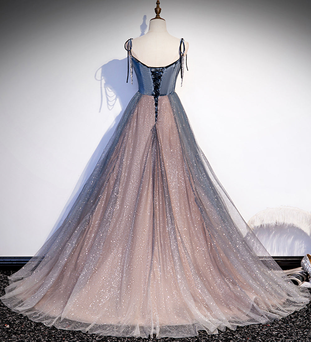 Blaues Tüll Pailletten langes Ballkleid Abendkleid S80