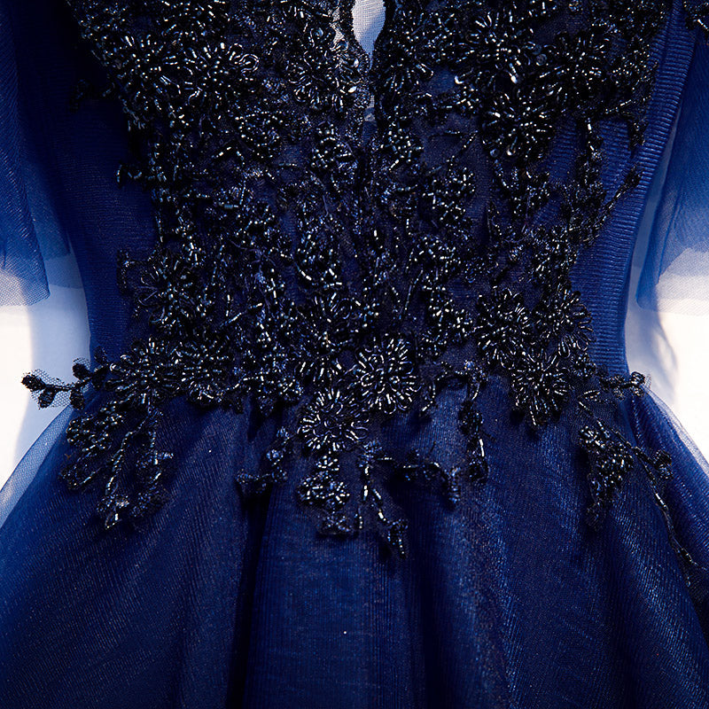 Vestido corto de tul azul con escote en V para fiesta de bienvenida, talla 94
