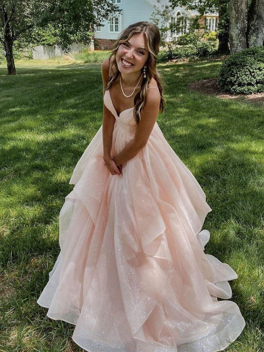 Vestido de fiesta rosa con tirantes finos, corte A, vestido de noche en capas, vestido largo de fiesta brillante Y1303