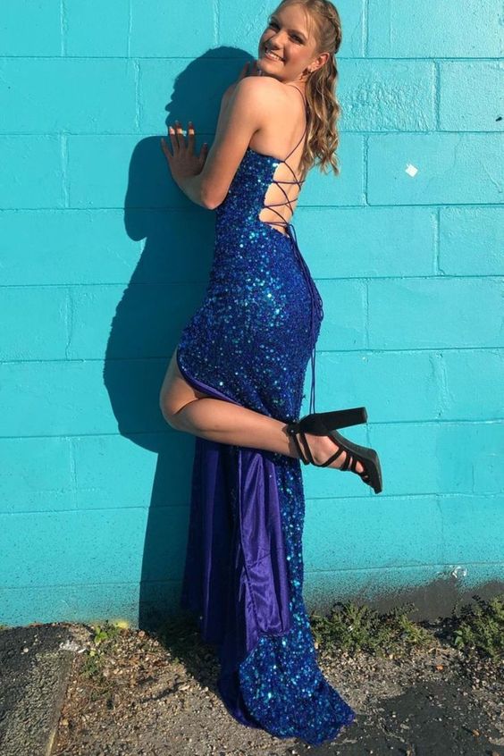Funkelndes Meerjungfrau-Ballkleid mit U-Ausschnitt und Trägern in Königsblau mit Schlitz, Abendkleid Y1265