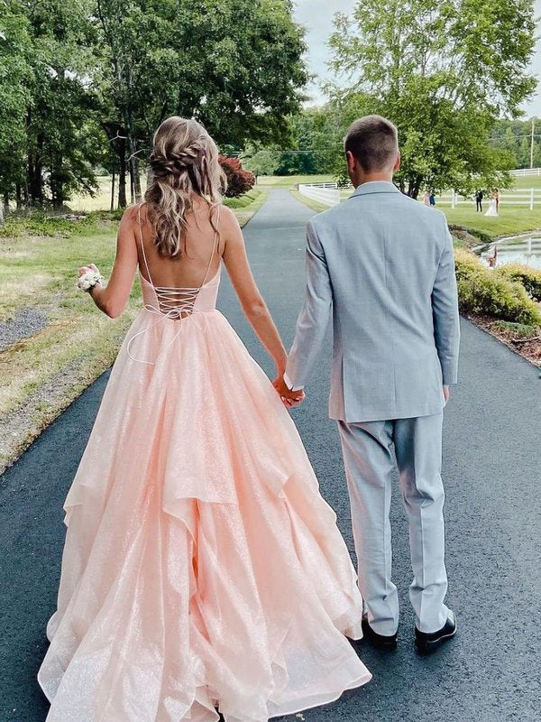 Vestido de fiesta rosa con tirantes finos, corte A, vestido de noche en capas, vestido largo de fiesta brillante Y1303
