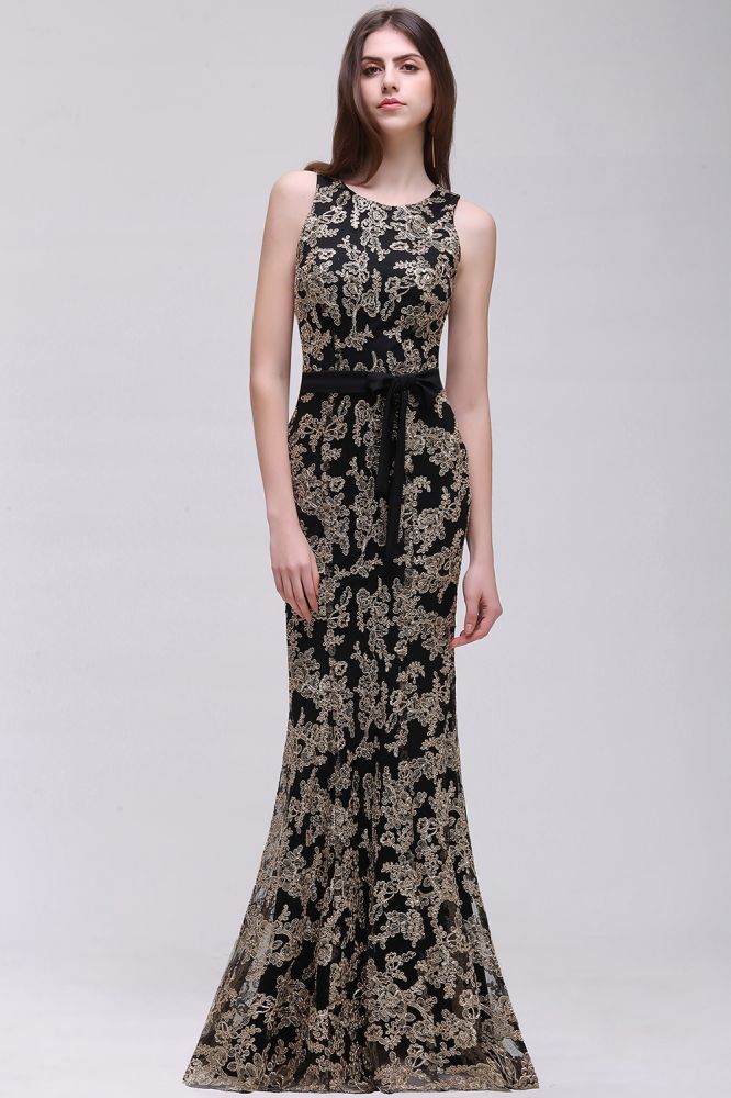 Floor-Length Sheath Round Neck Lace Evening Dresses