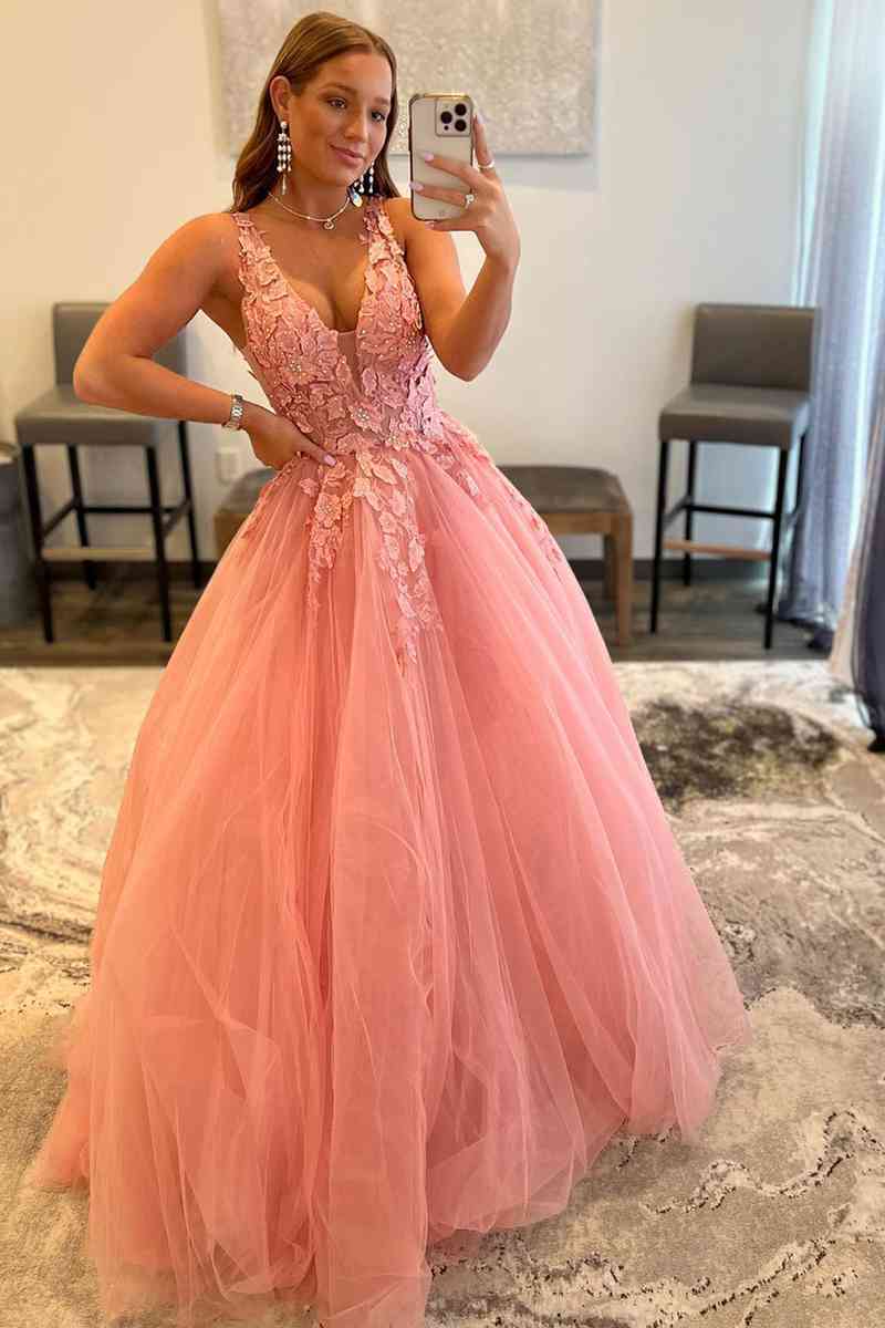 Marigold | Langes A-Linien-Ballkleid aus Tüll mit V-Ausschnitt und Applikationen