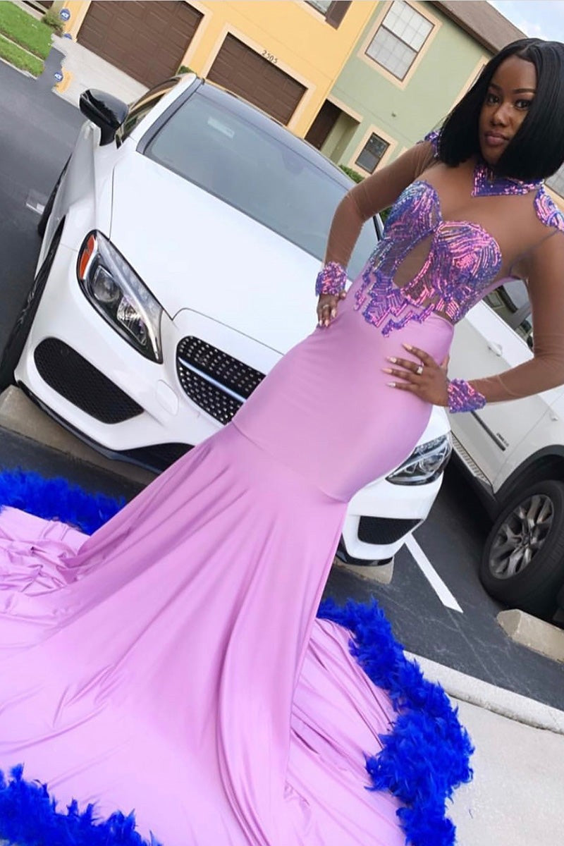 Glamouröses langes Meerjungfrau-Ballkleid aus Spitzensatin mit langen Ärmeln