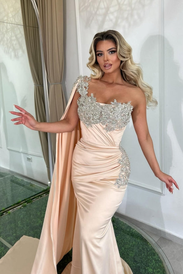Glamouröses langes Meerjungfrau-Abendkleid mit einer Schulter und Perlen verziert
