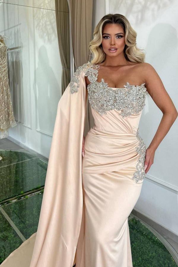 Glamouröses langes Meerjungfrau-Abendkleid mit einer Schulter und Perlen verziert