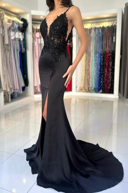 Glamouröses langes Meerjungfrau-Ballkleid mit V-Ausschnitt und Spaghettiträgern aus Spitze und Schlitz