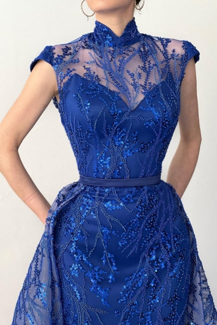 Glamorous Long Royal Blue High Neck Lace Sleeveless Prom Dress With Detachable Train