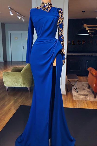 Royal Blue Long Sleeve Prom Dress with High Slit Formal Gown main image 1
