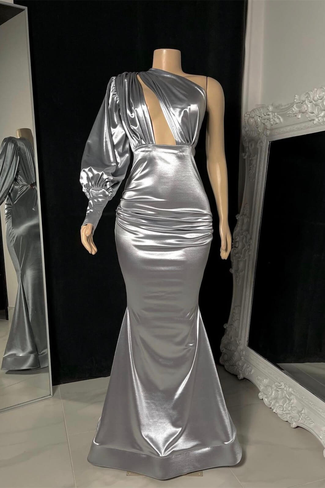 Glamorous Long Silver One Shoulder Mermaid Prom Dress