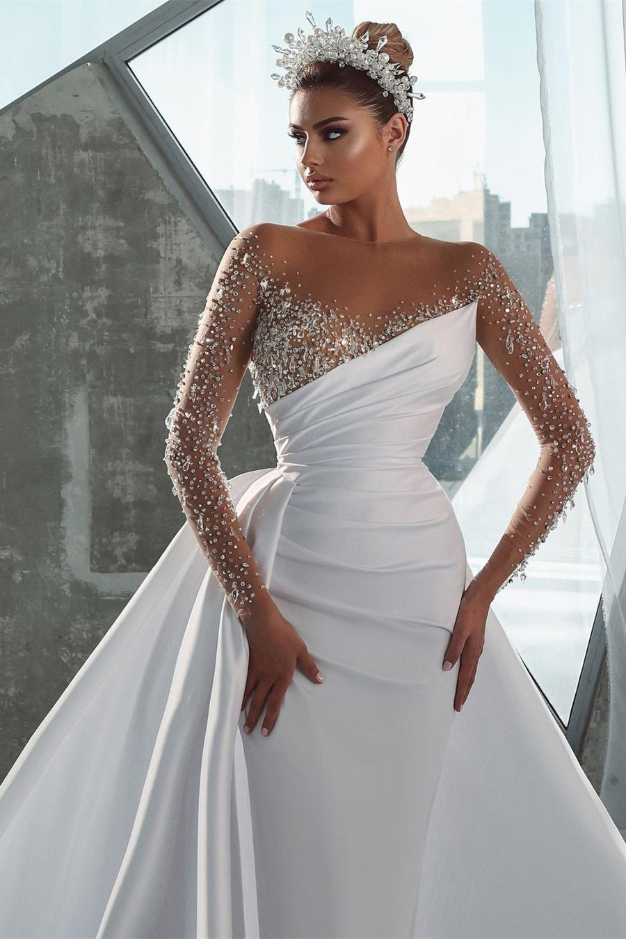 Glamorous Long White Long Sleeves Satin Crystal Wedding Dress With Detachable Train