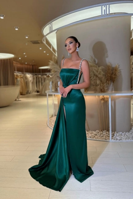 Glamorous spaghetti straps sleeveless a-line satin prom dresses sequined