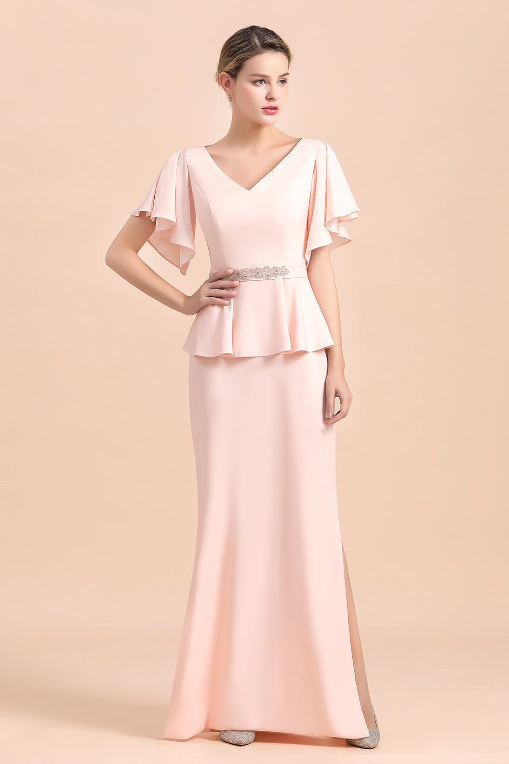 Glamouröses Kleid für die Brautmutter mit V-Ausschnitt, Schlitz vorne und Perlenbesatz