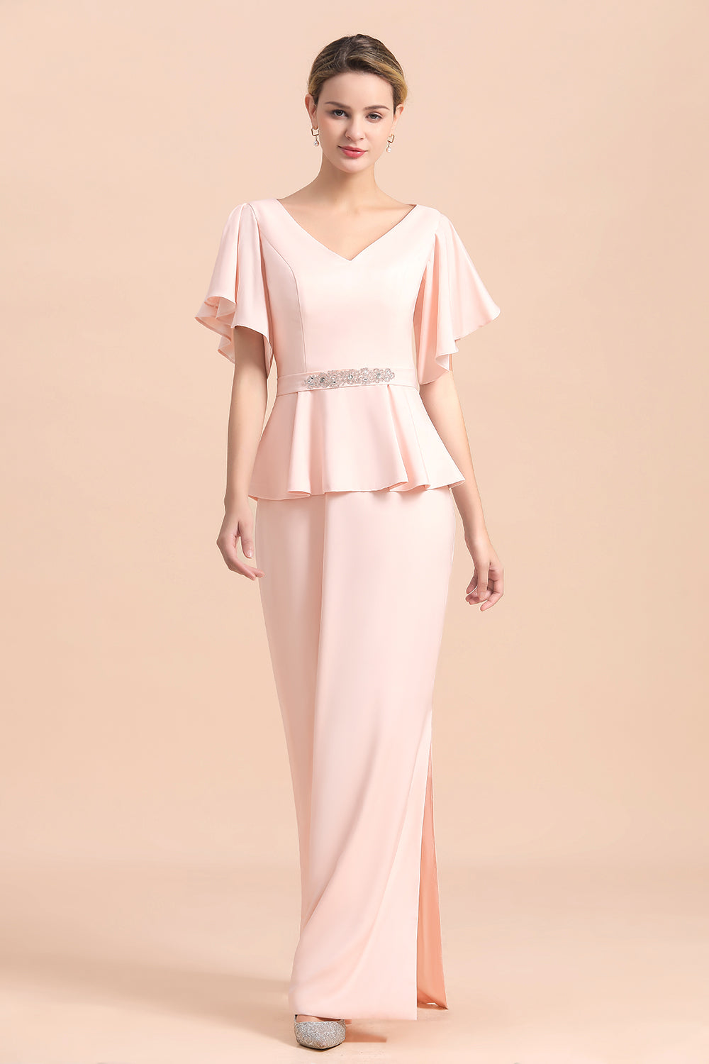 Glamouröses Kleid für die Brautmutter mit V-Ausschnitt, Schlitz vorne und Perlenbesatz