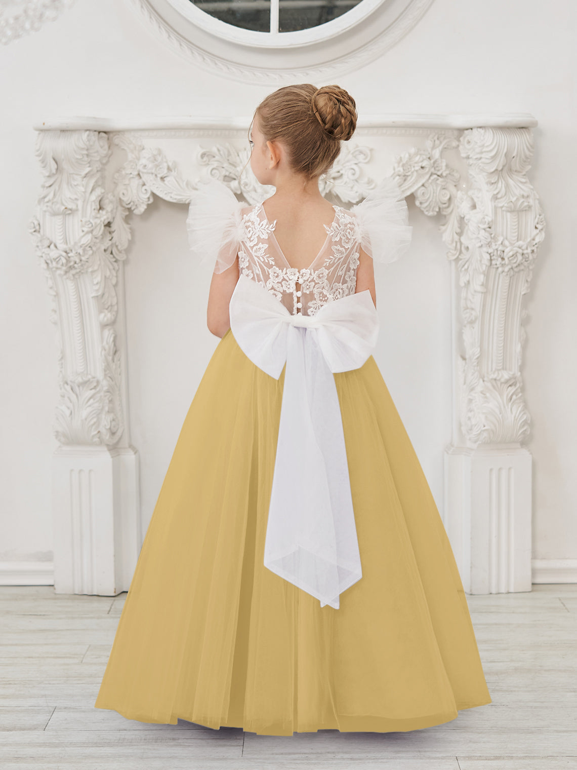 Detachable Lace Tulle Sweep Train Flower Girl Dress