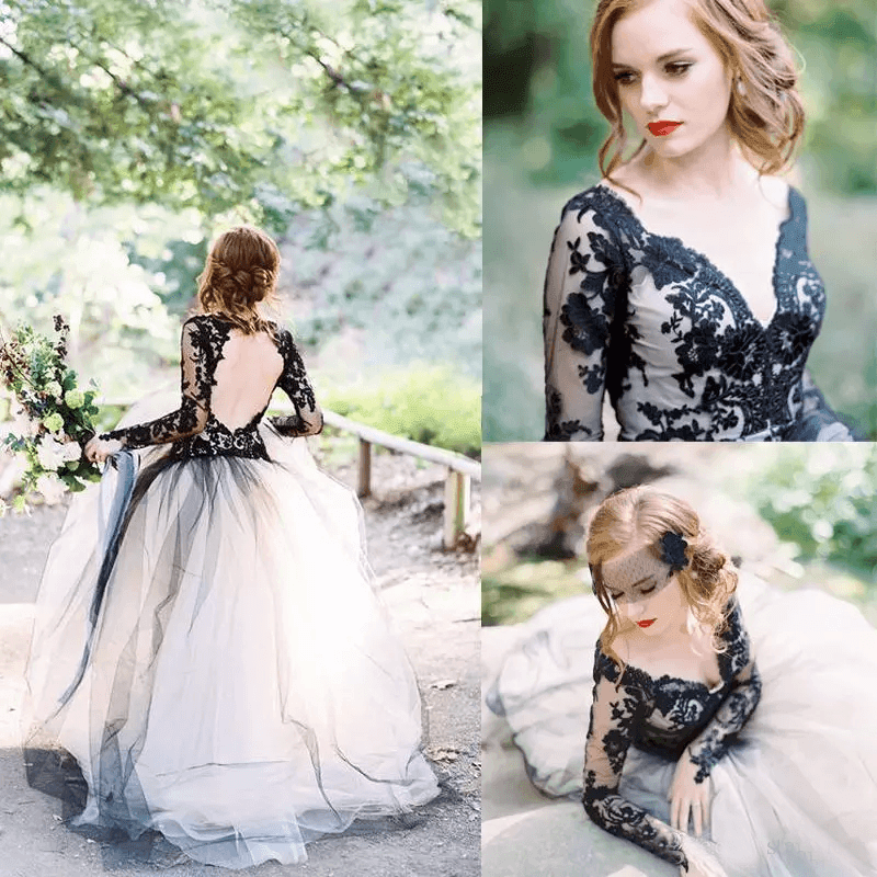Gorgeous A-line V neck Long Sleeve Black Lace Wedding Dress Bridal Gown WD485