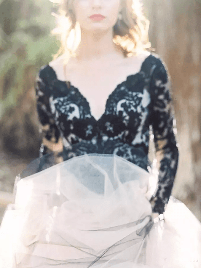 Gorgeous A-line V neck Long Sleeve Black Lace Wedding Dress Bridal Gown WD485