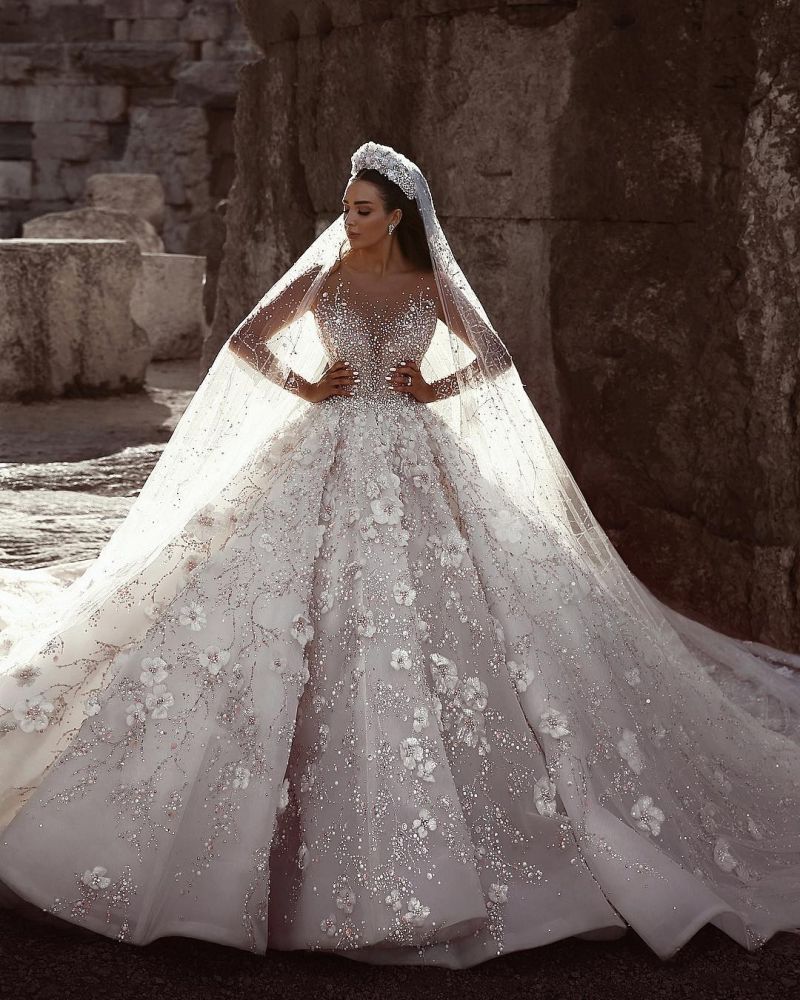 Gorgeous Beading Floral Bridal Wears Sheer Neck Long Sleeves Princess Wedding Dress
