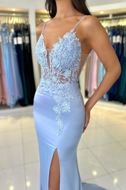 Wunderschönes säulenförmiges Satin-Spaghettiträger-ärmelloses Ballkleid mit Applikationen
