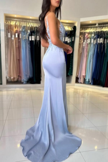Wunderschönes säulenförmiges Satin-Spaghettiträger-ärmelloses Ballkleid mit Applikationen