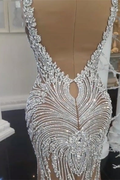 Wunderschöne Kristalle Meerjungfrau Brautkleid V-Ausschnitt Rückenfrei Champagner Brautmode