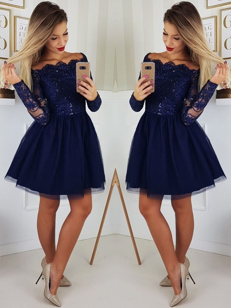 Wunderschöne dunkelblaue kurze Ballkleider mit Pailletten und Ärmeln